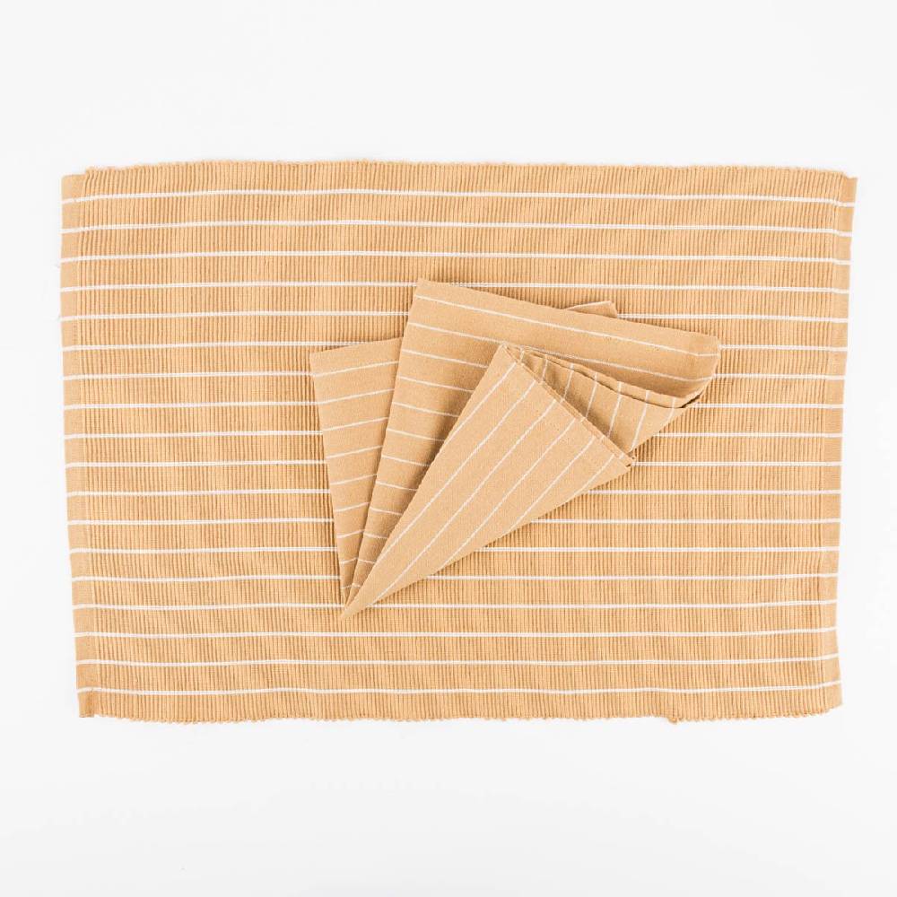 Schöner Leben Set aus 4 Platzsets und 4 Servietten gestreift sandgelb weiß 50x35cm und 40x40cm von Linen & More Angebote