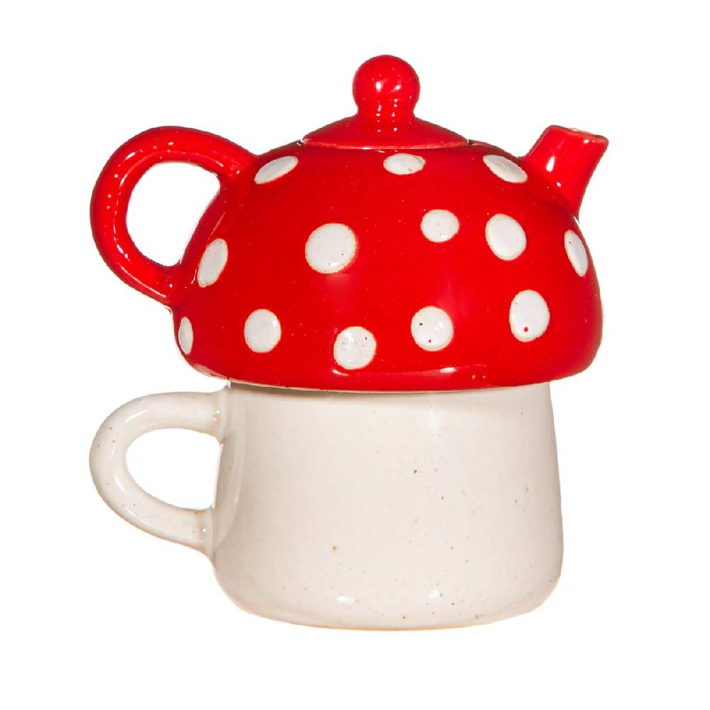 Schöner Leben Kanne und Tasse Tea for One Fliegenpilz Keramik von Sass & Belle 13,5x10,5cm