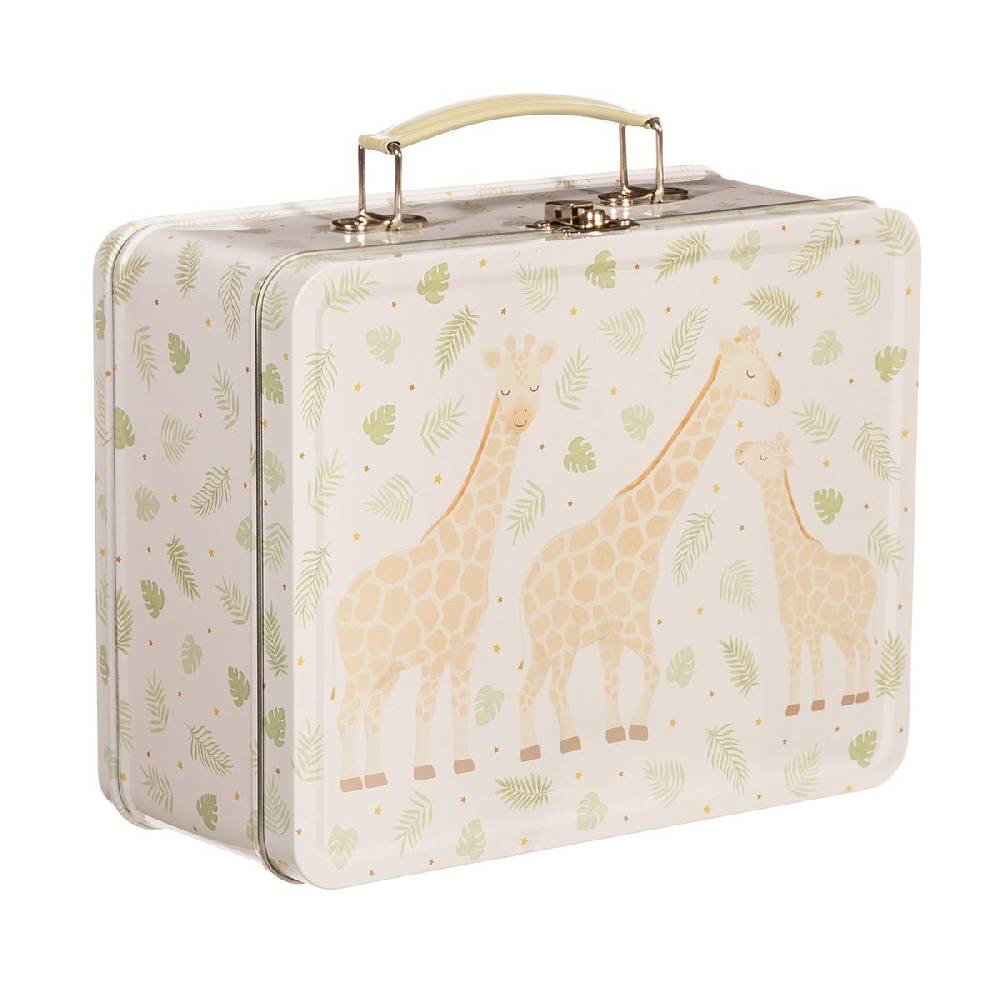 Schöner Leben Lunchbox Koffer mit Giraffen aus Metall weiß beige grün 22x17x10cm von Sass & Belle