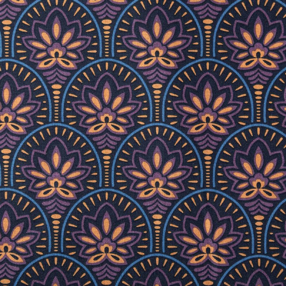 Schöner Leben Tischdeckenstoff abwaschbar Baumwollstoff beschichtet ABSTRACT Art Deco Blumen Bogen dunkel blau violett 1,45m Breite