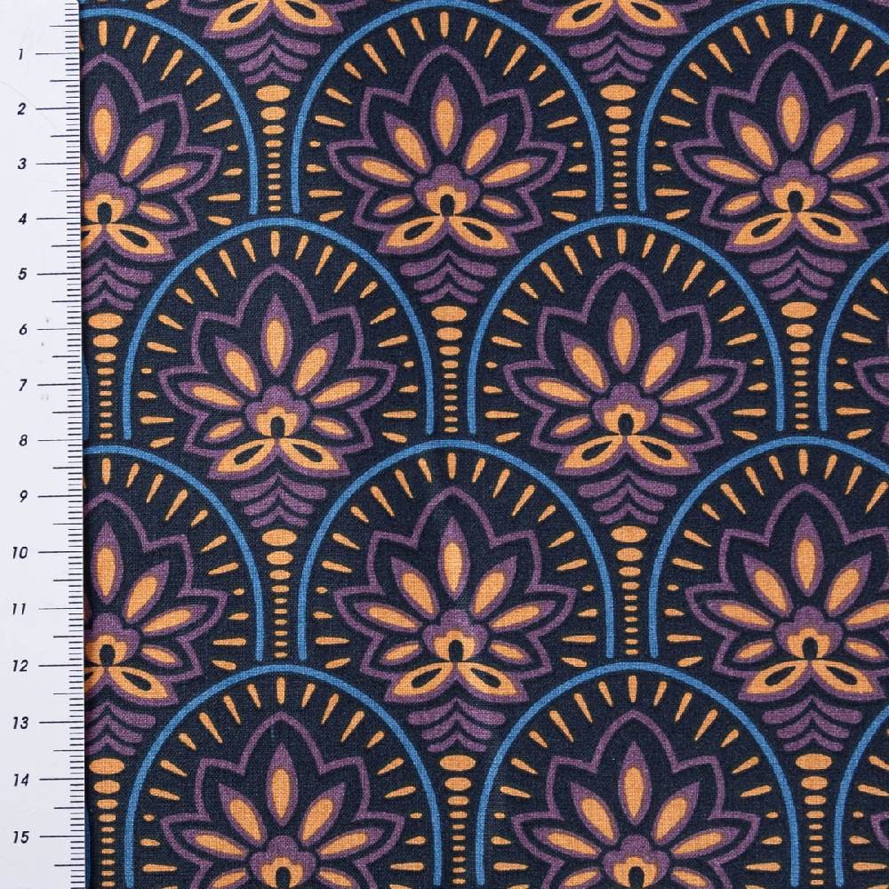 Schöner Leben Tischdeckenstoff abwaschbar Baumwollstoff beschichtet ABSTRACT Art Deco Blumen Bogen dunkel blau violett 1,45m Breite Hotsell