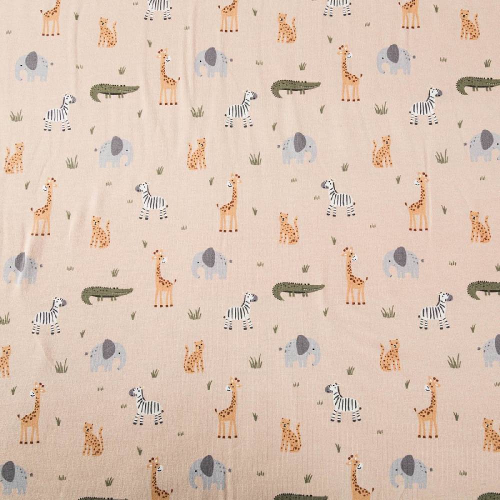 Schöner Leben Jersey Stoff Baumwolljersey Afrika Tiere Elefant Zebra beige 1,50m Breite Fabrikverkauf