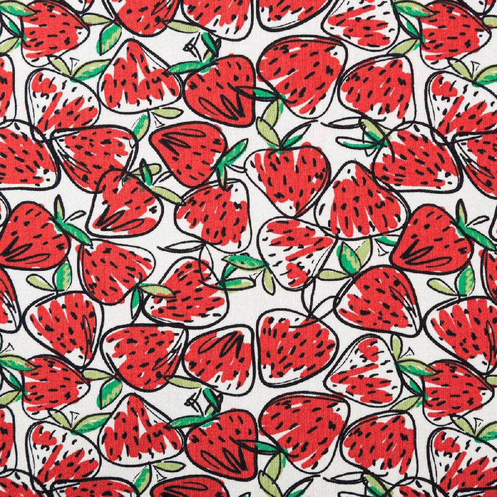 Schöner Leben Jersey Stoff Baumwolljersey Erdbeeren Allover gezeichnet weiß rot 1,50m Breite