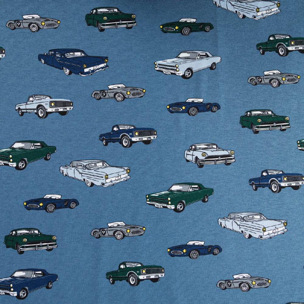 Schöner Leben Jersey Stoff Baumwolljersey CLASSIC CARS Autos jeans blau grün 1,45m Breite Outlet