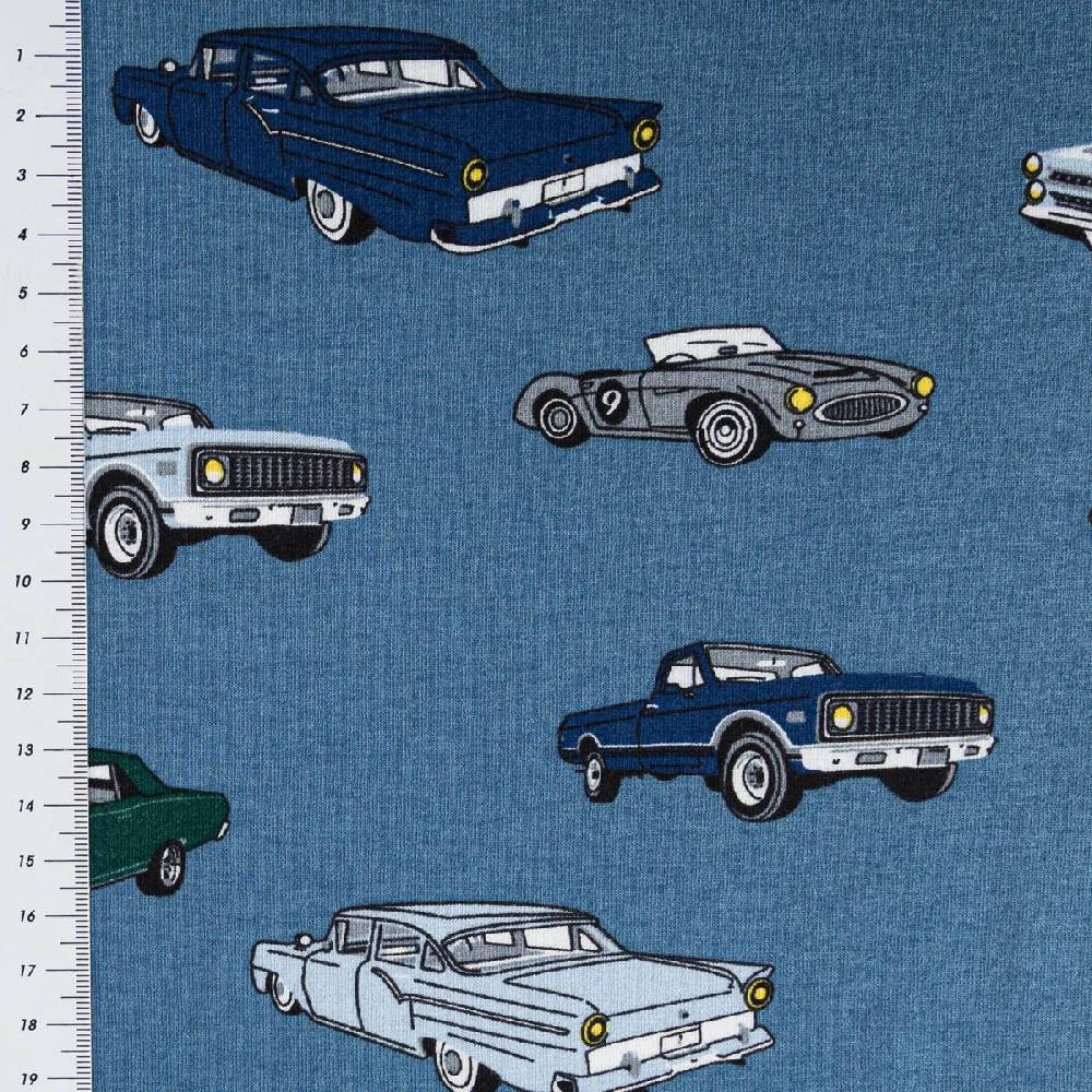Schöner Leben Jersey Stoff Baumwolljersey CLASSIC CARS Autos jeans blau grün 1,45m Breite Outlet