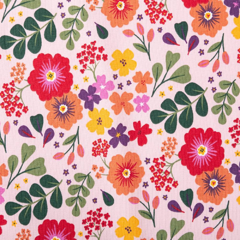Schöner Leben Jersey Stoff Baumwolljersey Dorie Blumen Blätter rosa bunt 1,45m Breite