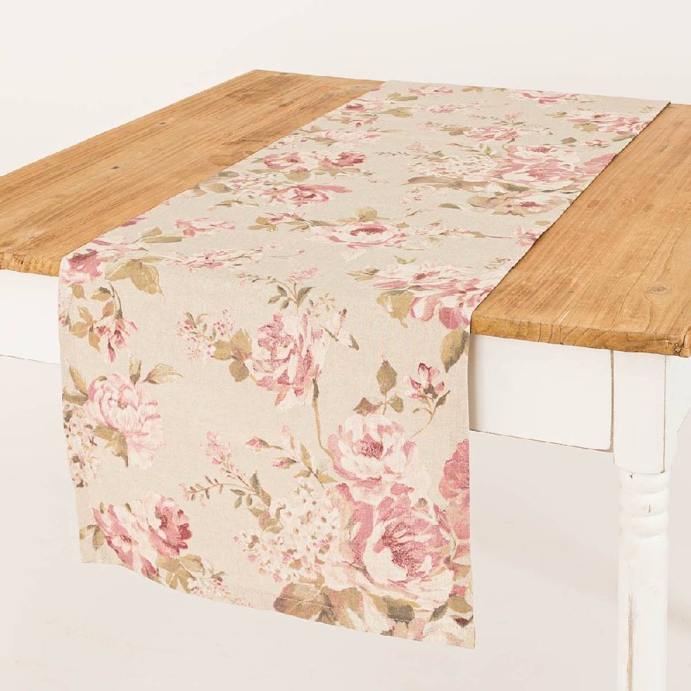 Schöner Leben Tischläufer Classic Painted Rose Leinenlook Rosen natur rosa 40x160cm von SCHÖNER LEBEN