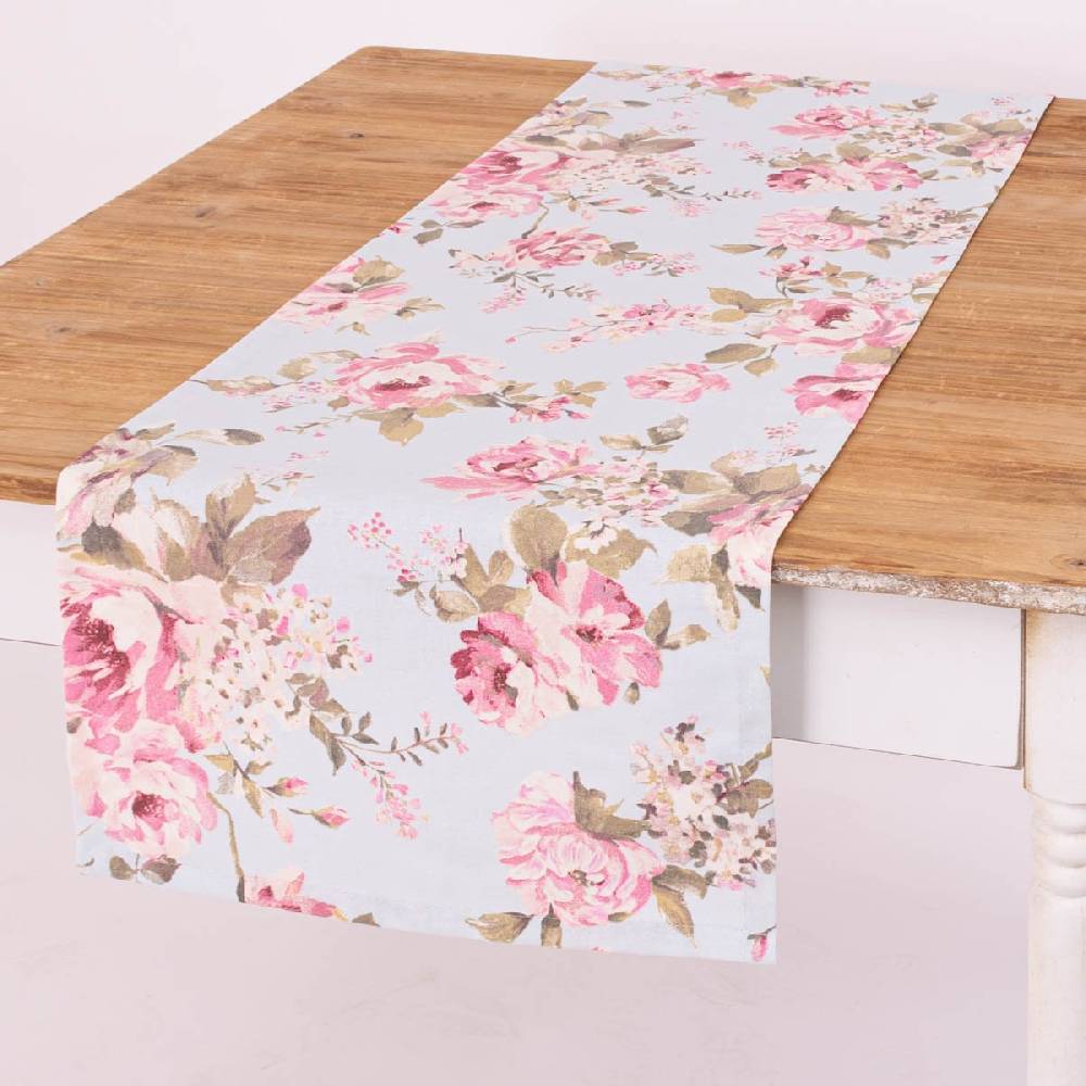 Schöner Leben Tischläufer Classic Painted Rose Rosen hellblau rosa 40x160cm von SCHÖNER LEBEN