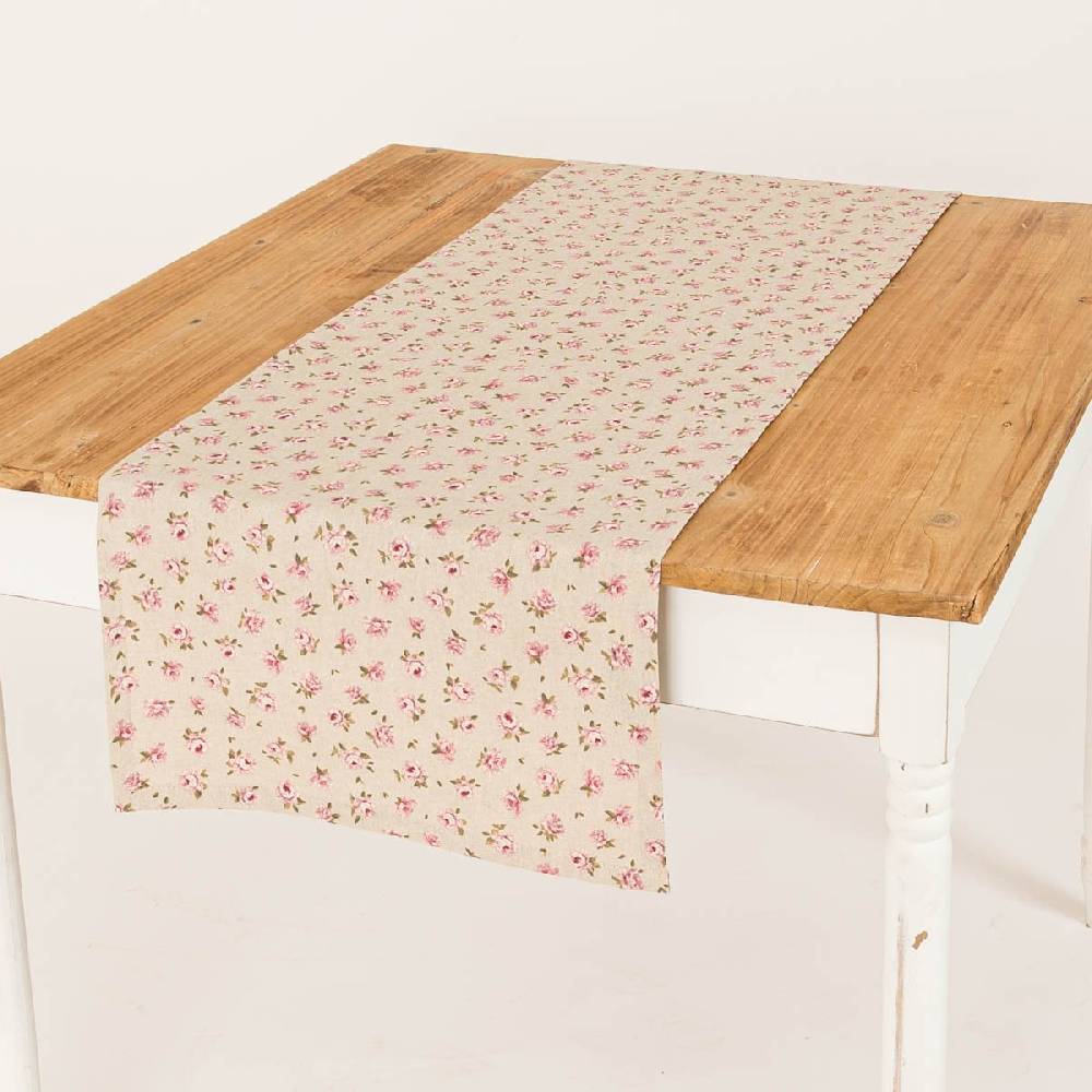Schöner Leben Tischläufer Classic Little Rose Rosenblüten Leinenlook natur rosa 40x160cm von SCHÖNER LEBEN