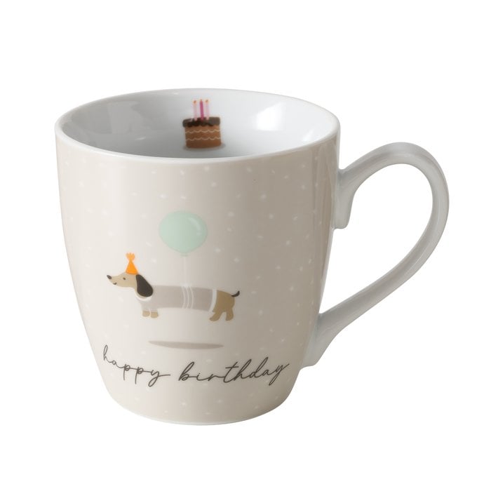 Schöner Leben XL Tasse aus Porzellan Happy Birthday und Dackel mit Luftballon beige weiß bunt versch. Motive 480ml