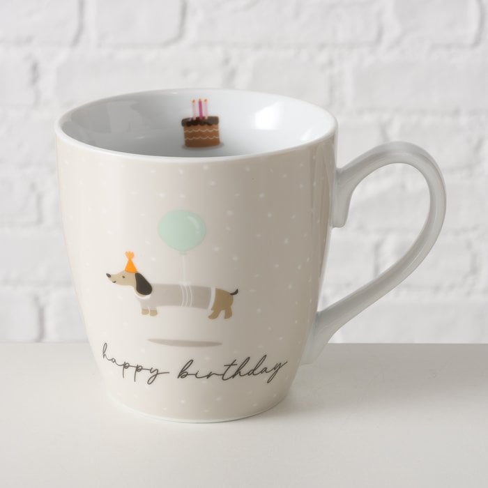 Schöner Leben XL Tasse aus Porzellan Happy Birthday und Dackel mit Luftballon beige weiß bunt versch. Motive 480ml Letzte 3 Tage
