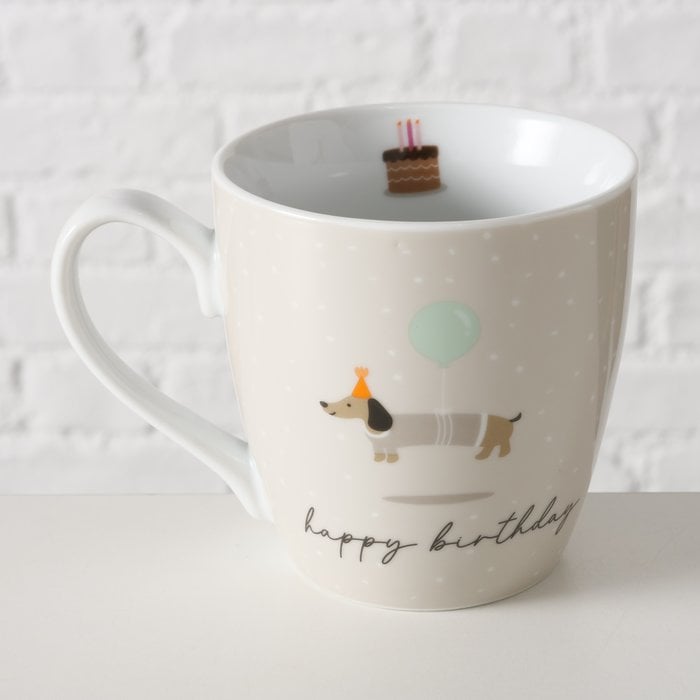 Schöner Leben XL Tasse aus Porzellan Happy Birthday und Dackel mit Luftballon beige weiß bunt versch. Motive 480ml Letzte 3 Tage
