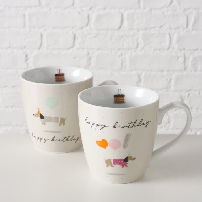 Schöner Leben XL Tasse aus Porzellan Happy Birthday und Dackel mit Luftballon beige weiß bunt versch. Motive 480ml Letzte 3 Tage