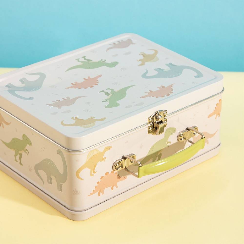 Schöner Leben Lunchbox Koffer mit Dinos aus Metall beige bunt 22x17x10cm von Sass & Belle Zeitbegrenzte Promotion