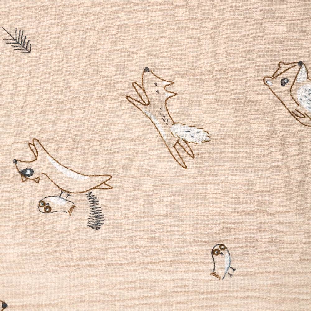 Schöner Leben Musselin Stoff Double Gauze Bewild Waldtiere Dachs Fuchs Vogel beige grau 1,30m Breite Discount Store für neue Produkte