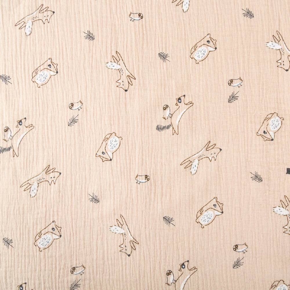 Schöner Leben Musselin Stoff Double Gauze Bewild Waldtiere Dachs Fuchs Vogel beige grau 1,30m Breite Discount Store für neue Produkte
