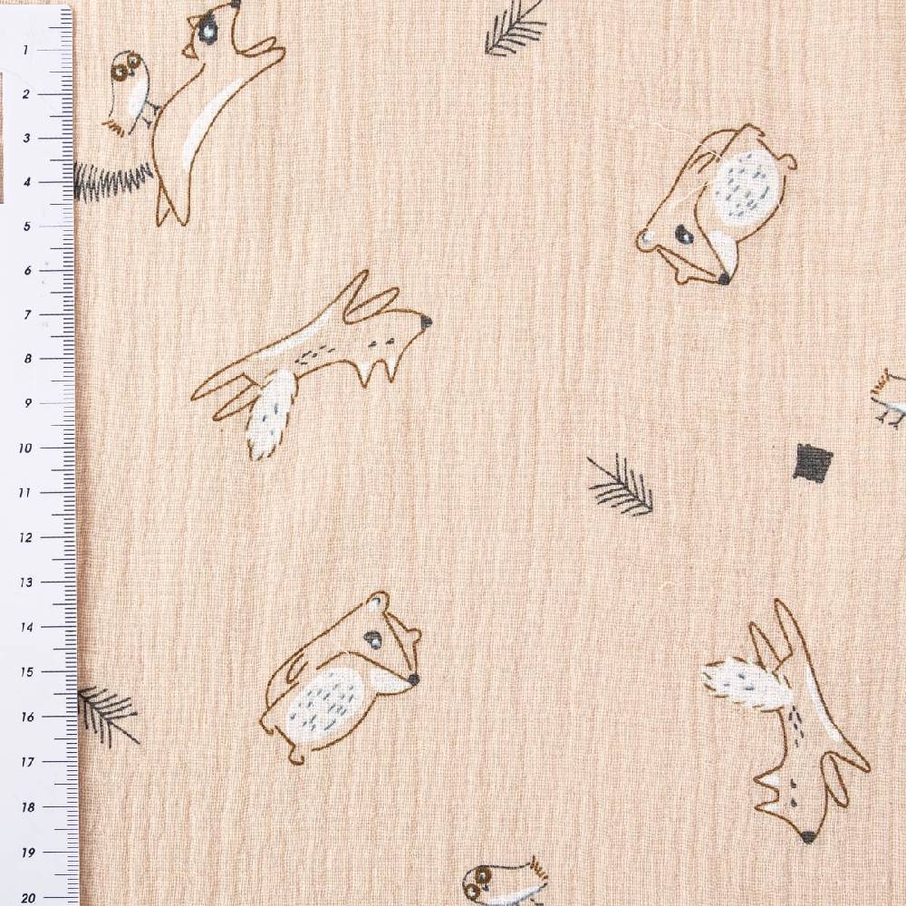 Schöner Leben Musselin Stoff Double Gauze Bewild Waldtiere Dachs Fuchs Vogel beige grau 1,30m Breite Discount Store für neue Produkte