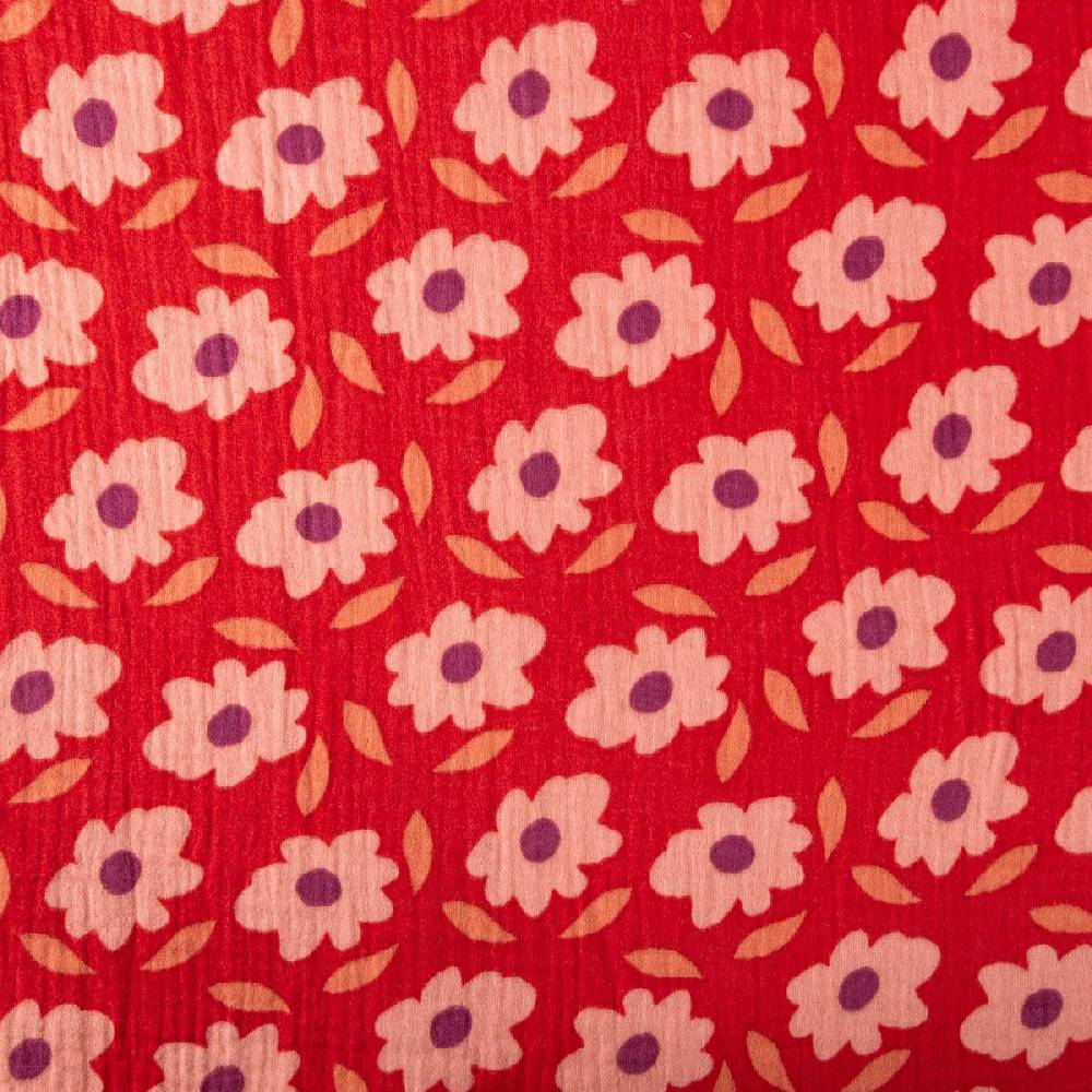 Schöner Leben Musselin Stoff Double Gauze Floli Blumen Blätter rot violett 1,30m Breite Clearance-Verkauf