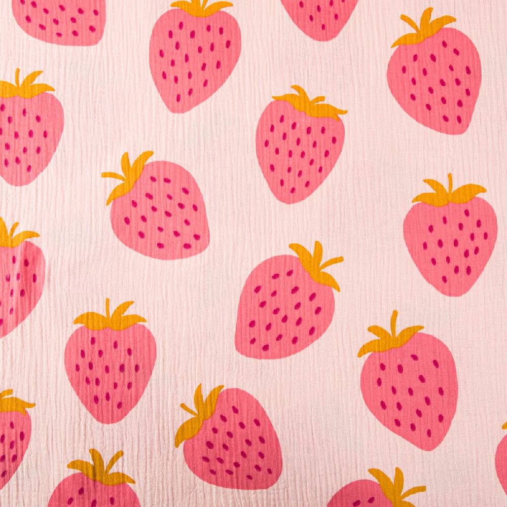 Schöner Leben Musselin Stoff STRAWBERRIES Erdbeeren groß hell rosa pink 1,35m Breite
