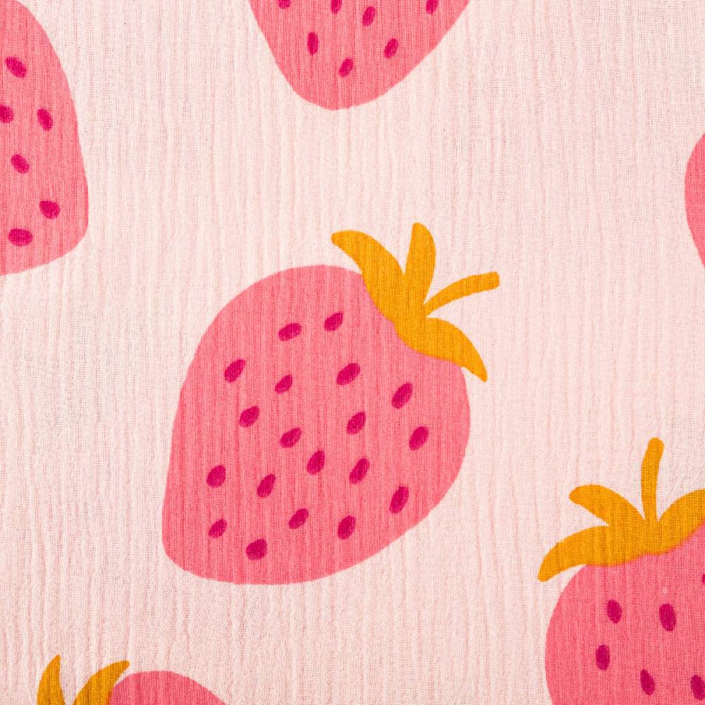 Schöner Leben Musselin Stoff STRAWBERRIES Erdbeeren groß hell rosa pink 1,35m Breite zollfrei