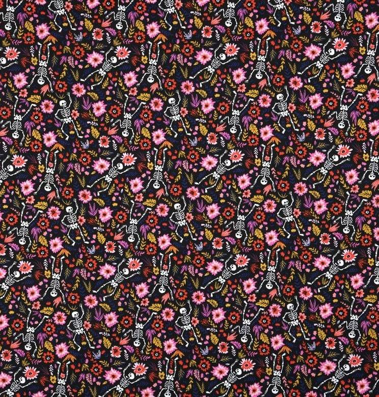 Schöner Leben Baumwollstoff Skelette Blumen schwarz bunt 1,40m Breite im Angebot