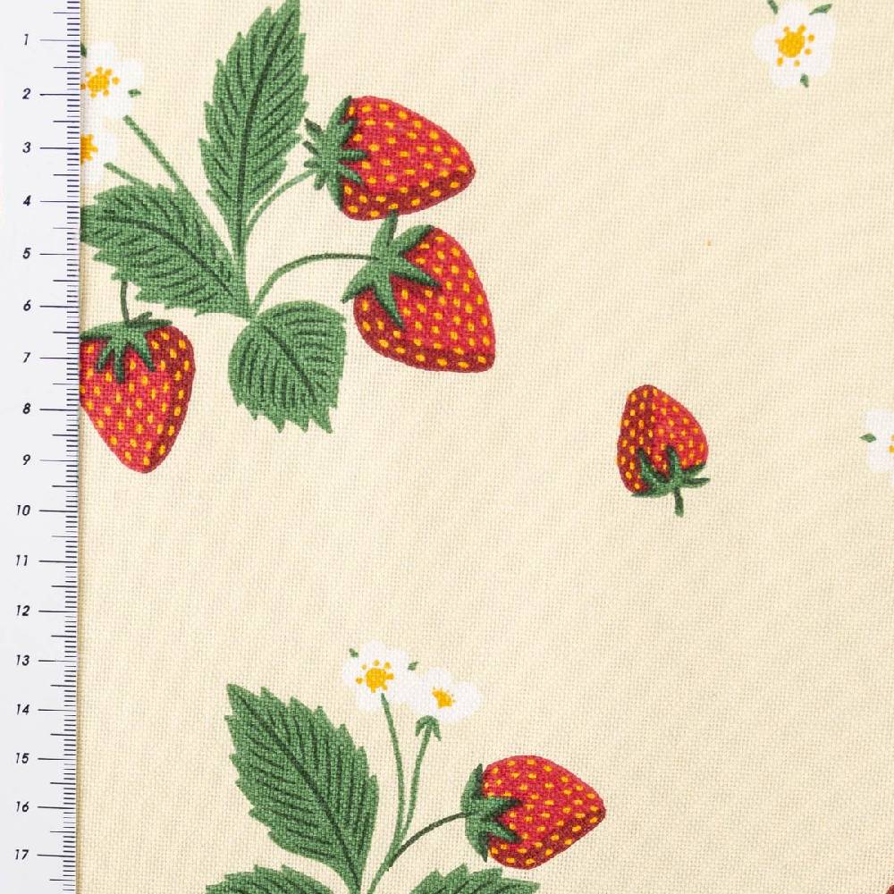 Schöner Leben Dekostoff Halbpanama Strawberry Happy Fruit Erdbeeren vanille rot 1,4m Breite Sonderangebot