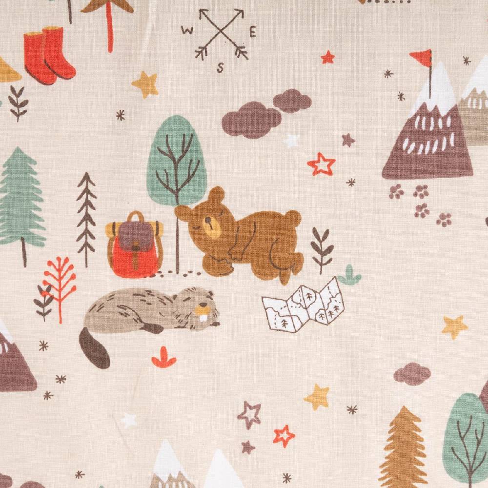 Schöner Leben Baumwollstoff Webware GLAMPING Camping Bär Biber Berge beige braun 1,47m Breite