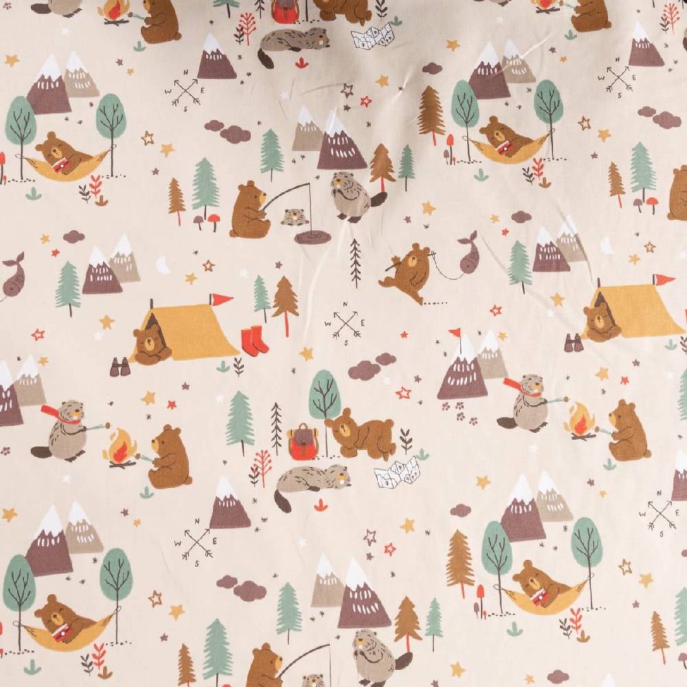 Schöner Leben Baumwollstoff Webware GLAMPING Camping Bär Biber Berge beige braun 1,47m Breite Rabatt