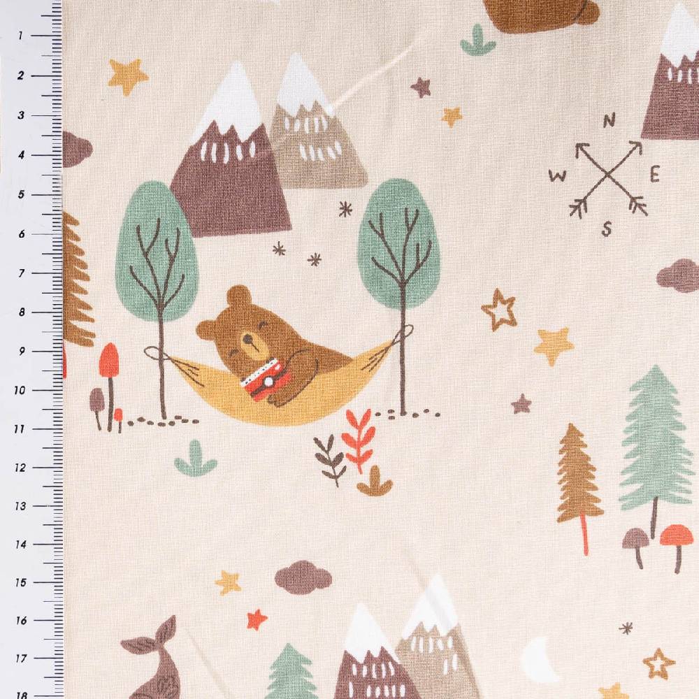 Schöner Leben Baumwollstoff Webware GLAMPING Camping Bär Biber Berge beige braun 1,47m Breite Rabatt