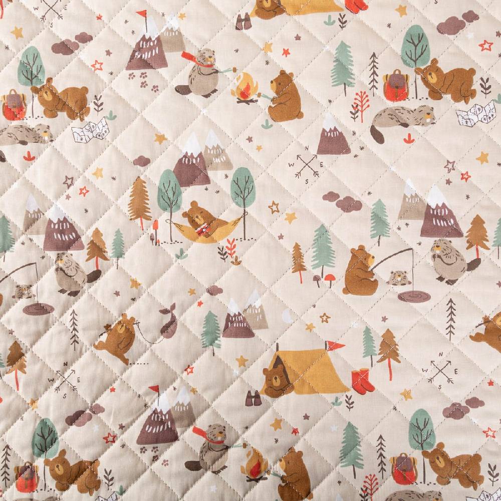 Schöner Leben Steppstoff Baumwolle GLAMPING Camping Tiere Bär Biber beidseitig beige braun 1,44m Breite Versandkostenfrei
