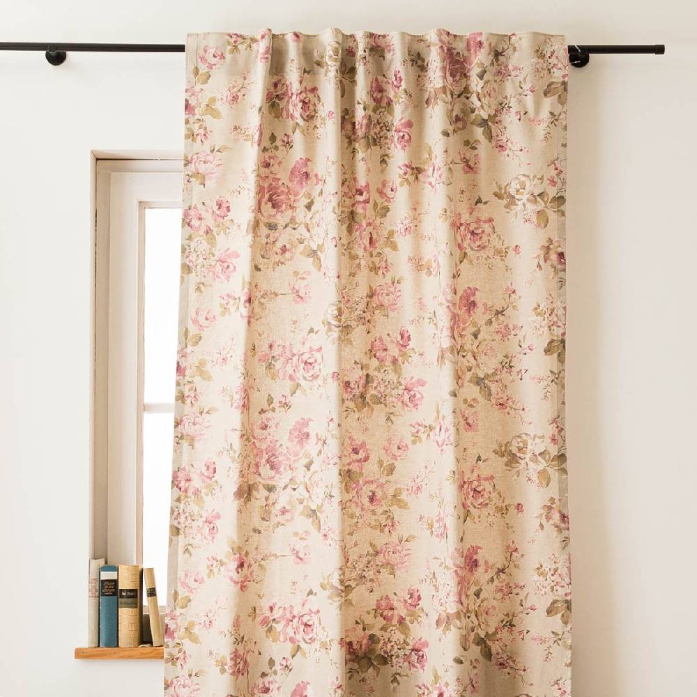 Schöner Leben Vorhang mit Smok-Schlaufenband Classic Painted Rose Rosen Leinenlook natur rosa in 245cm oder Wunschlänge von SCHÖNER LEBEN