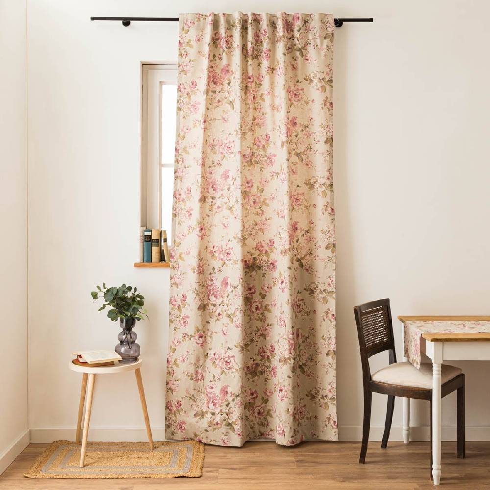Schöner Leben Vorhang mit Smok-Schlaufenband Classic Painted Rose Rosen Leinenlook natur rosa in 245cm oder Wunschlänge von SCHÖNER LEBEN Saisonschlussverkauf