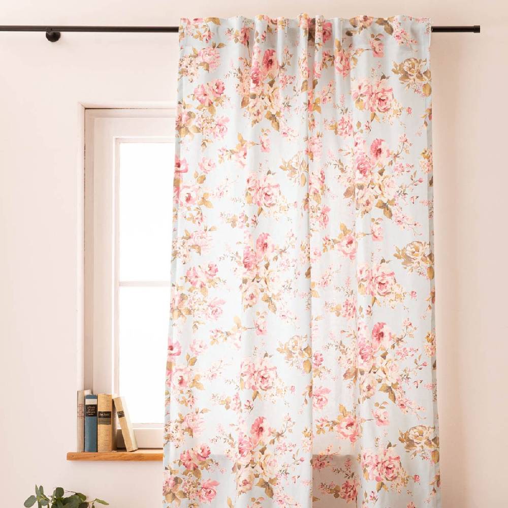 Schöner Leben Vorhang mit Smok-Schlaufenband Classic Painted Rose Rosen hellblau rosa in 245cm oder Wunschlänge von SCHÖNER LEBEN