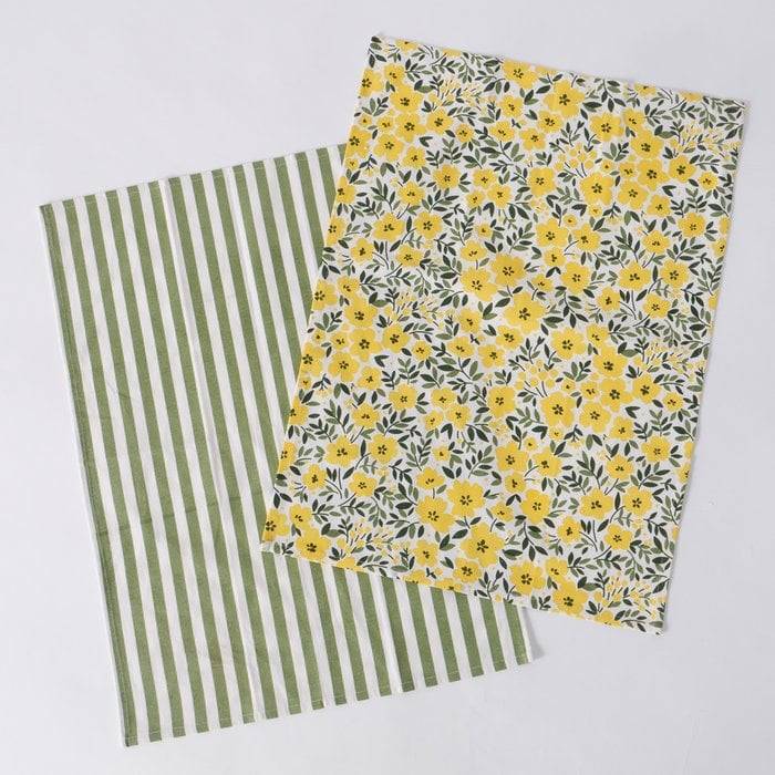 Schöner Leben Geschirrtuch 2er Set mit Blumen und Streifen aus Baumwolle weiß-grün und weiß-gelb-grün 50x70cm