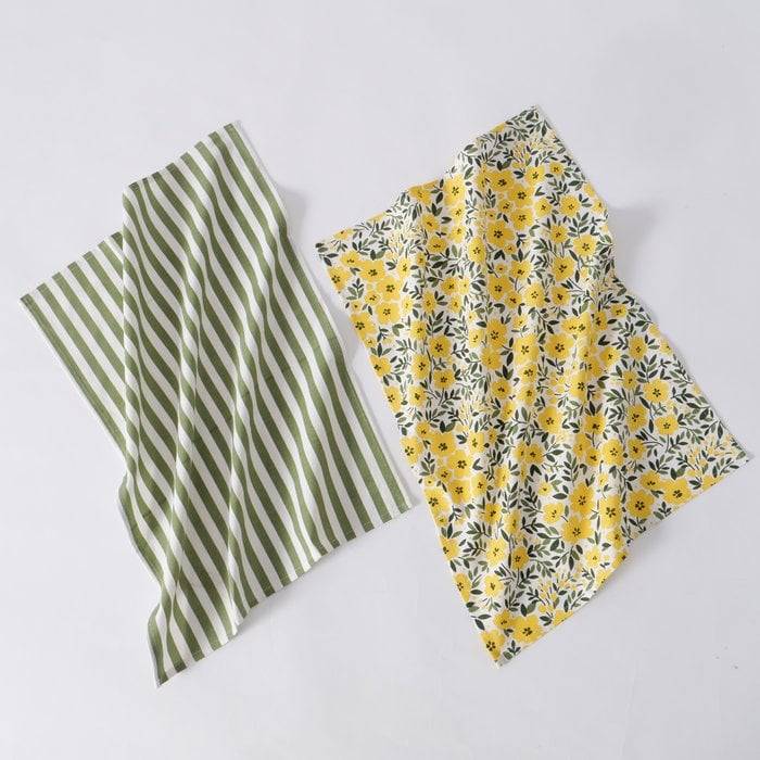 Schöner Leben Geschirrtuch 2er Set mit Blumen und Streifen aus Baumwolle weiß-grün und weiß-gelb-grün 50x70cm Limitierter Zeitrabatt