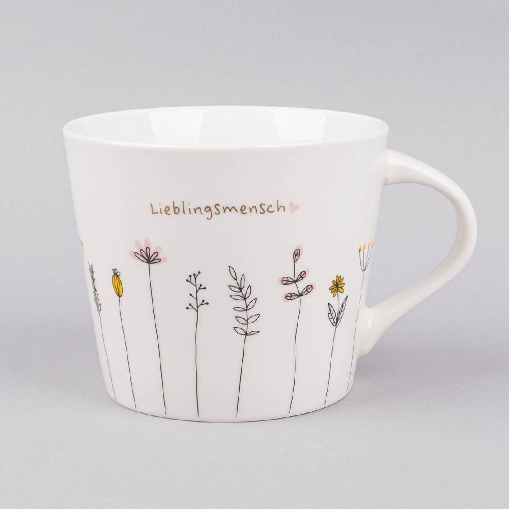 Schöner Leben Tasse Goldtasse aus Porzellan Lieblingsmensch Blumen weiß schwarz bunt gold 420ml von Schreibkram Manufaktur