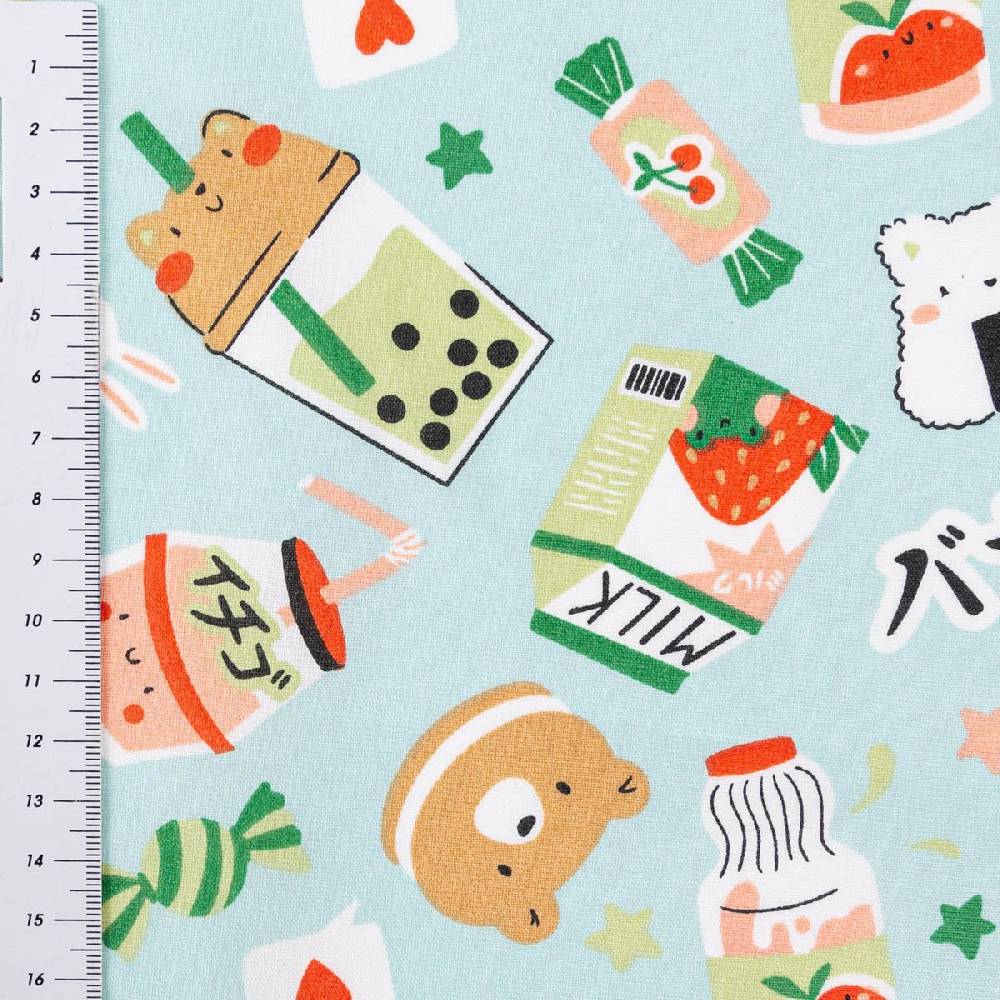 Schöner Leben Tischdeckenstoff abwaschbar Baumwollstoff beschichtet MOUMO Japanisch Sushi Bubble Tea mint grün 1,45m Breite Räumungsverkauf