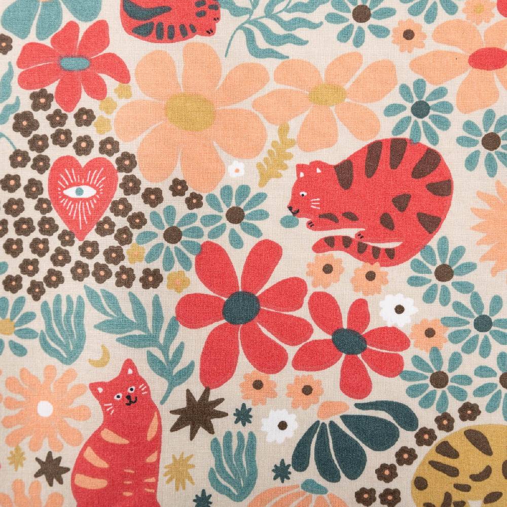 Schöner Leben Tischdeckenstoff abwaschbar Baumwollstoff beschichtet GRAOU Katzen Blumen beige bunt 1,45m Breite