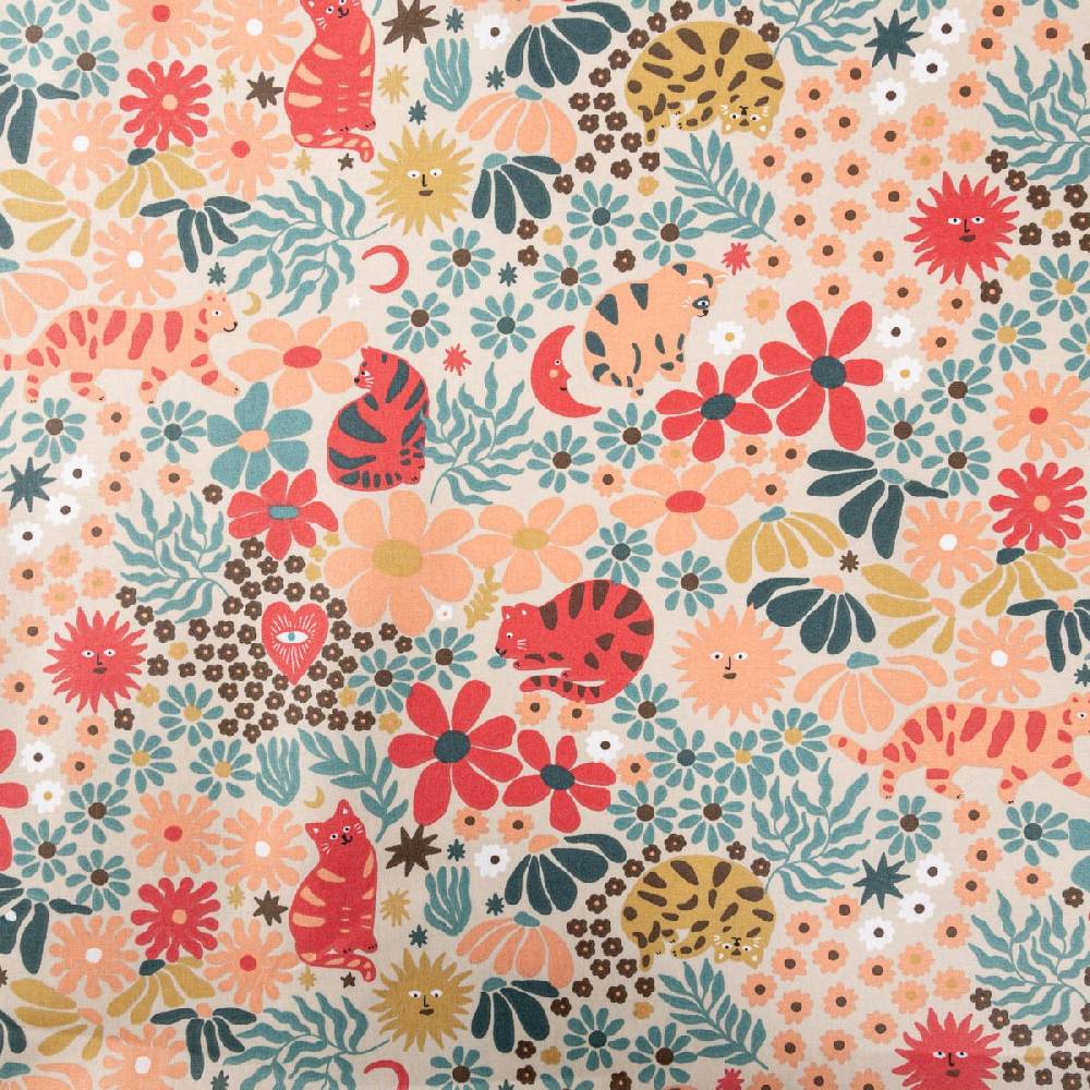 Schöner Leben Tischdeckenstoff abwaschbar Baumwollstoff beschichtet GRAOU Katzen Blumen beige bunt 1,45m Breite Kauf eins, bekomm eins gratis