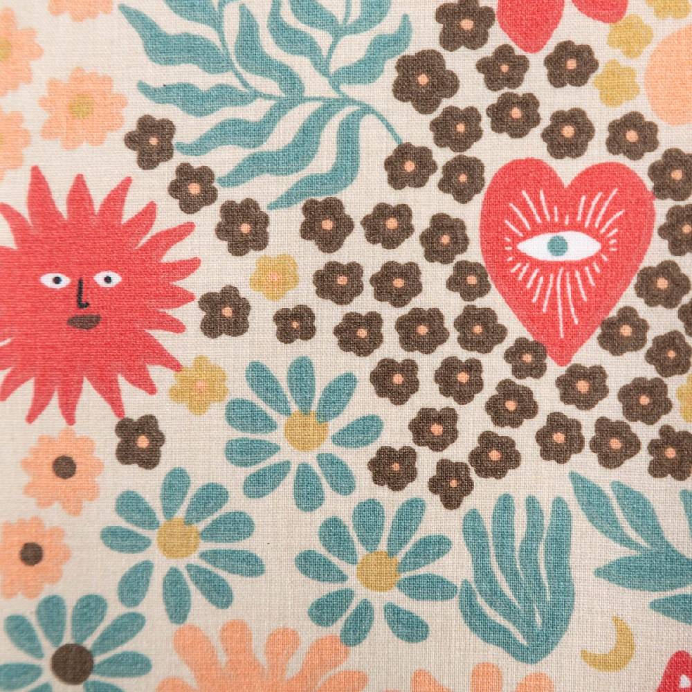 Schöner Leben Tischdeckenstoff abwaschbar Baumwollstoff beschichtet GRAOU Katzen Blumen beige bunt 1,45m Breite Kauf eins, bekomm eins gratis