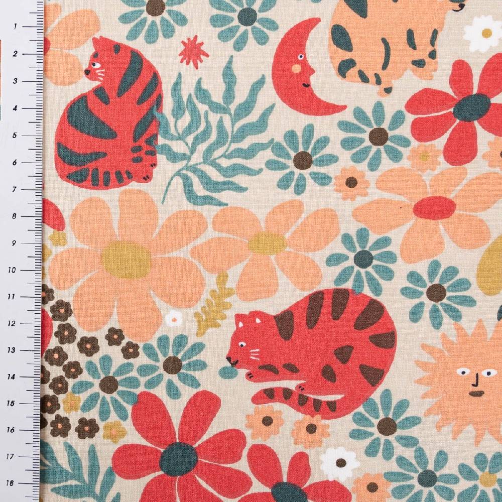 Schöner Leben Tischdeckenstoff abwaschbar Baumwollstoff beschichtet GRAOU Katzen Blumen beige bunt 1,45m Breite Kauf eins, bekomm eins gratis