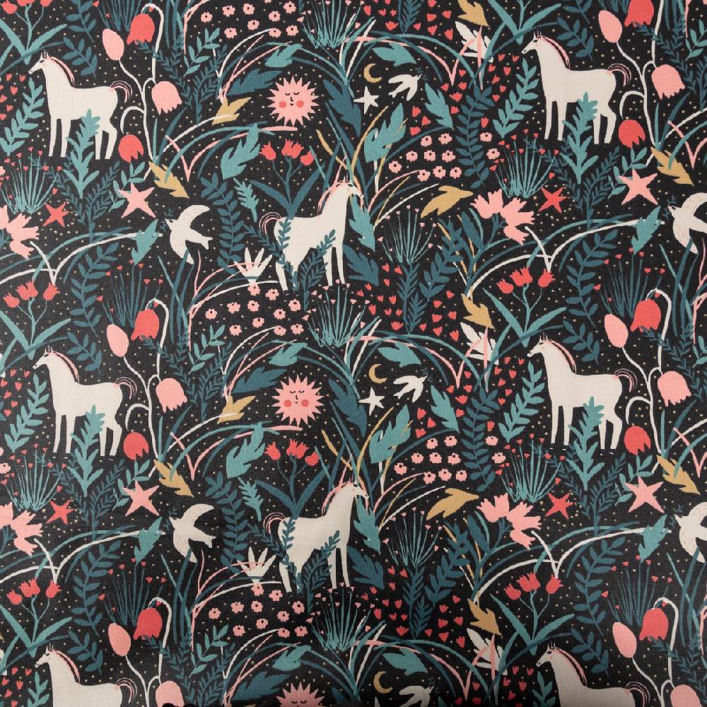 Schöner Leben Tischdeckenstoff abwaschbar Baumwollstoff beschichtet AZORA Einhorn Blumen schwarz bunt 1,45m Breite Sonderangebote