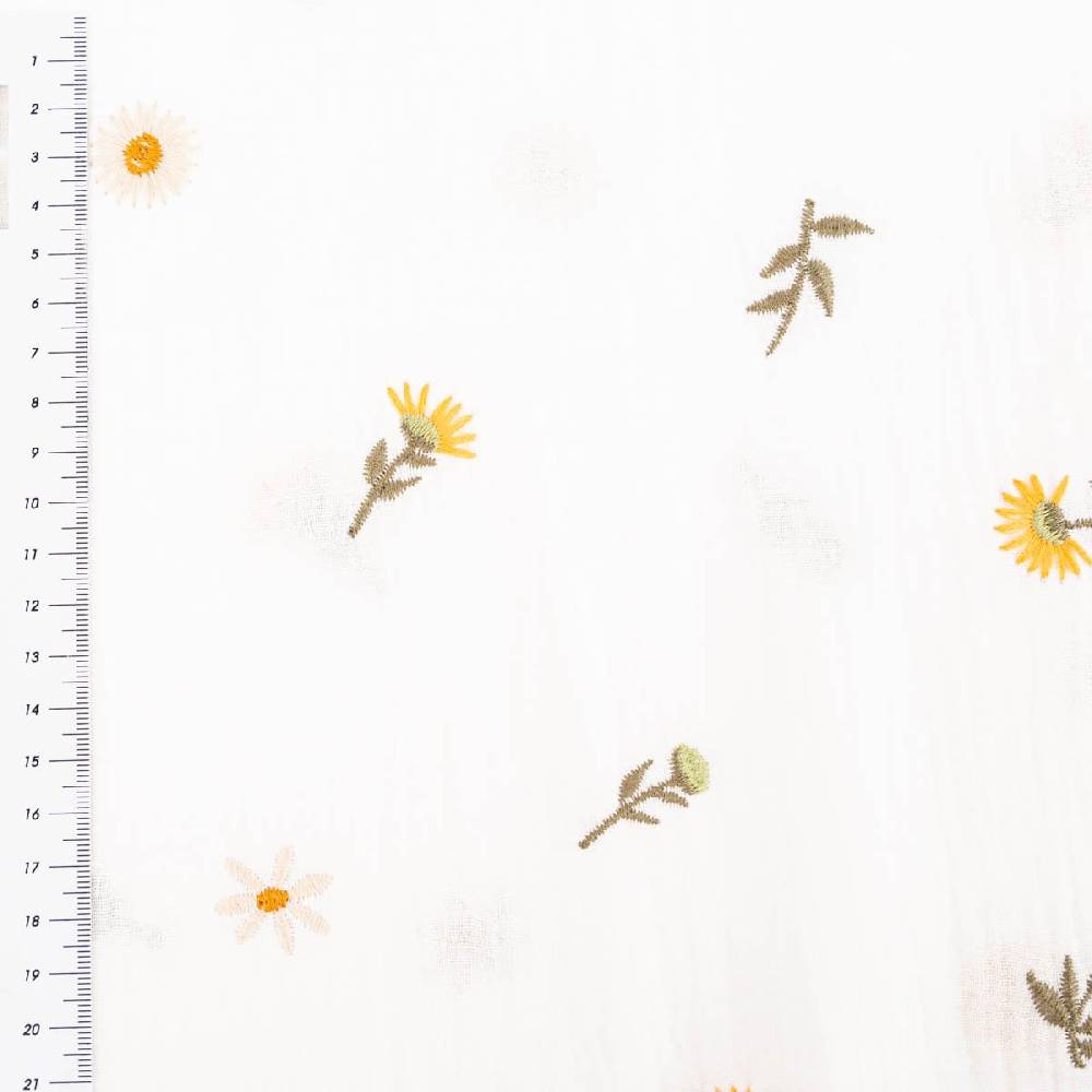Schöner Leben Musselin Stoff SUNFLOWERS Stickerei Blümchen weiß gelb grün 1,35m Breite JETZT KAUFEN