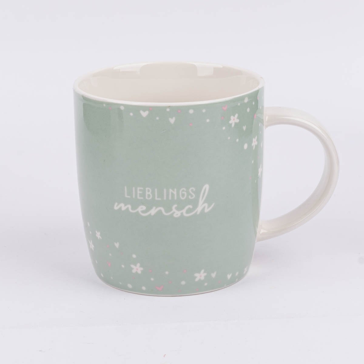Schöner Leben Tasse Gute Laune aus Porzellan Lieblingsmensch Blumen Herzen mintgrün weiß rosa 300ml von Grafik Werkstatt Neuheiten