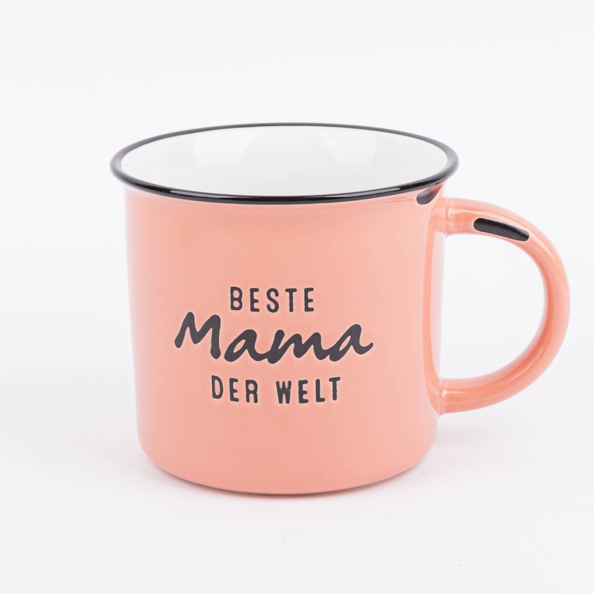 Schöner Leben Tasse Vintage aus Keramik in Emaille-Optik Beste Mama der Welt lachsorange schwarz 400ml von Grafik Werkstatt