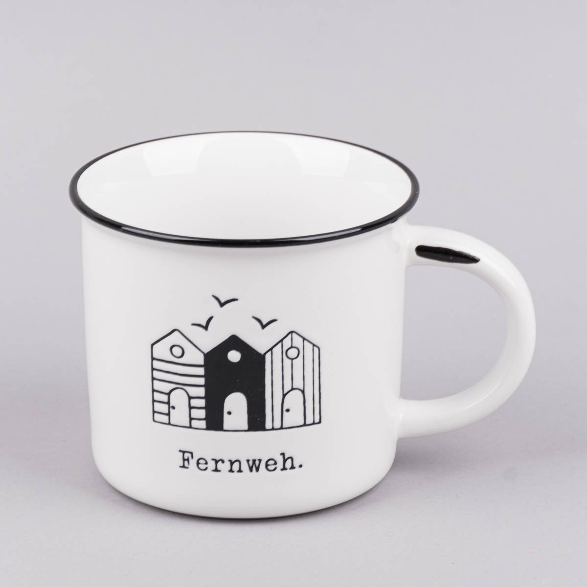 Schöner Leben Tasse Vintage aus Keramik in Emaille-Optik Maritim Fernweh weiß schwarz 400ml von Grafik Werkstatt