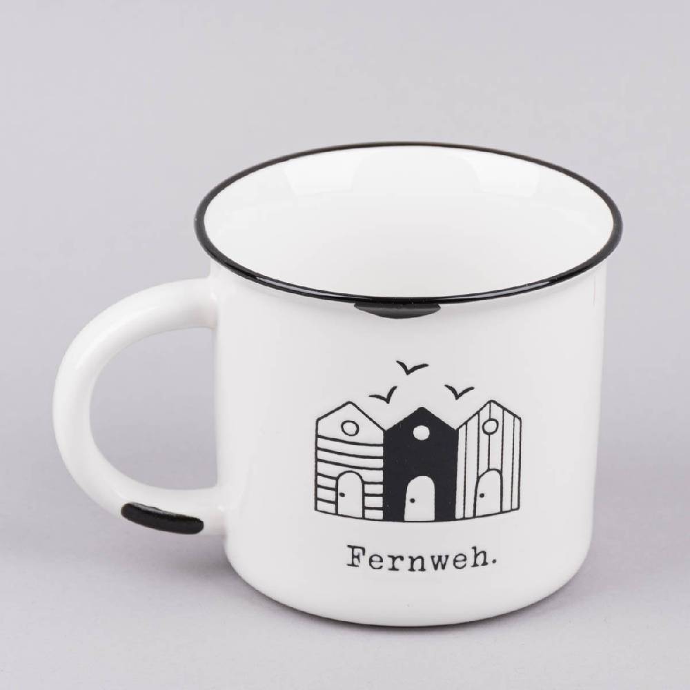 Schöner Leben Tasse Vintage aus Keramik in Emaille-Optik Maritim Fernweh weiß schwarz 400ml von Grafik Werkstatt Räumungsverkauf