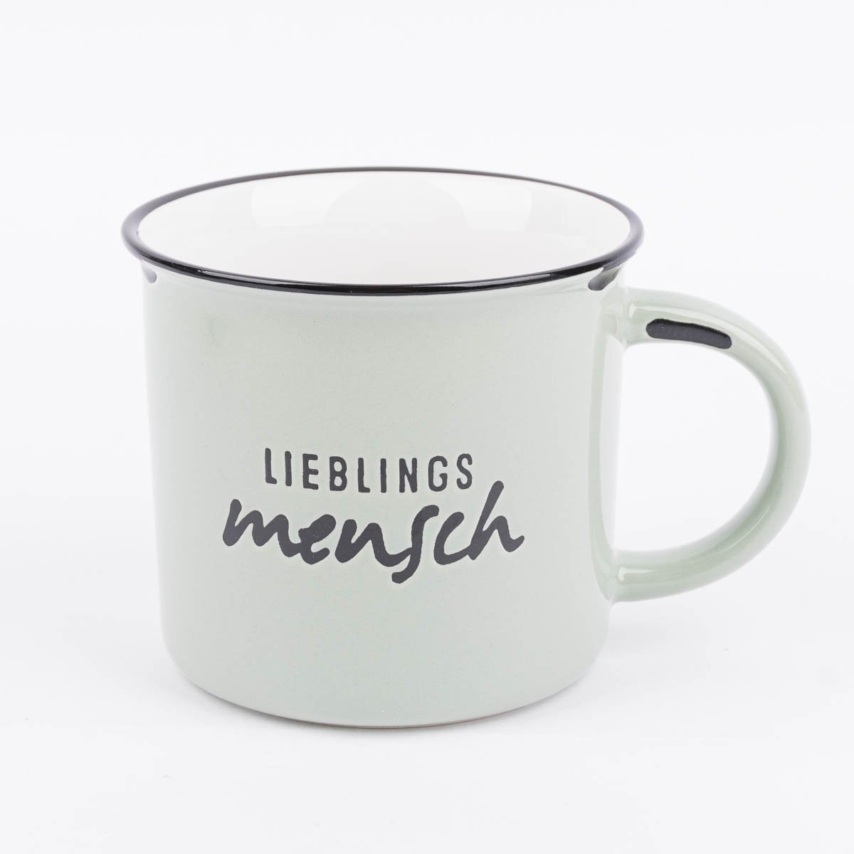 Schöner Leben Tasse Vintage aus Keramik in Emaille-Optik Lieblingsmensch hellgrün schwarz 400ml von Grafik Werkstatt