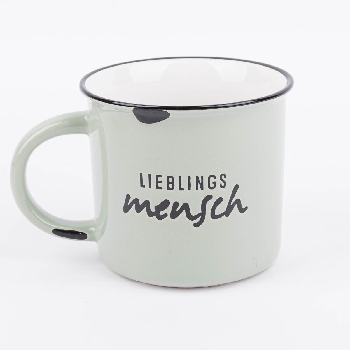 Schöner Leben Tasse Vintage aus Keramik in Emaille-Optik Lieblingsmensch hellgrün schwarz 400ml von Grafik Werkstatt Kauf eins, bekomm eins gratis