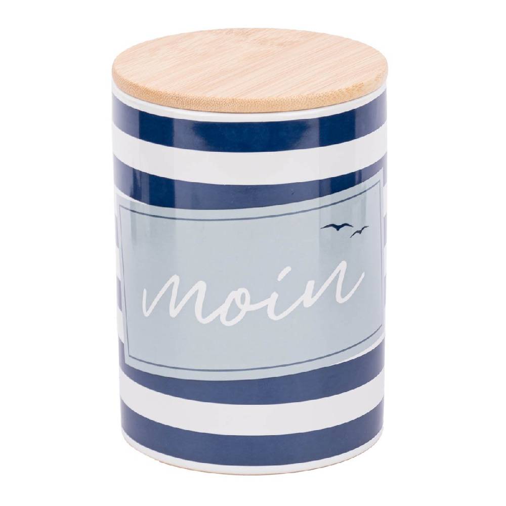 Schöner Leben Vorratsdose aus Porzellan mit Bambusdeckel Moin Möwen Streifen blau weiß 11x16cm von La Vida